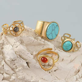 欧美不锈钢戒指 天然石绿松石戒环复古时尚手饰跨境饰品现货批发