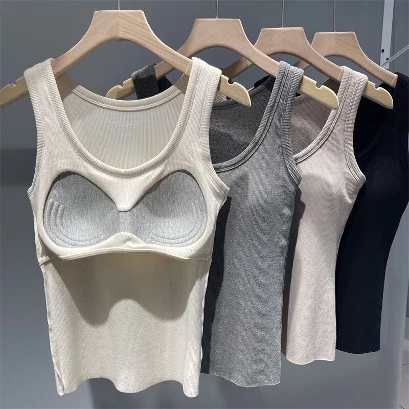 Women's Round Neck Vest with Chest Pad Breast Cover Slim-fit Slimming Spice Girls Inner Sling Outer Wear Long Base Top Cotton Women's Round Neck Vest with Chest Pad Breast Cover Slim-fit Slimming Spice Girls Inner Sling Outer Wear Long Base Top Cotton