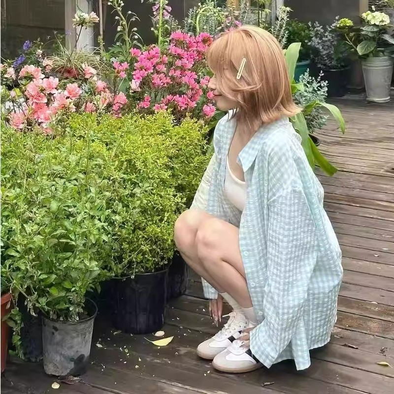韓国ピンクチェック柄刺繍シャツ日焼け止め長袖ジャケットスプライシングシャツルーズな新しいデザインカジュアルトップ|undefined