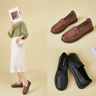 New Retro Genuine Leather Women's Shoes Spring and Autumn 2022 Middle-aged and Elderly Beef Sole Mother Shoes Soft Sole Casual Single Shoes for Elderly Women