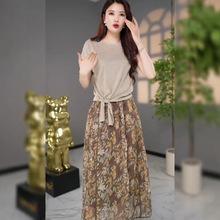 【套装】夏季清冷感圆领系带纯色上衣高腰印花半身裙女 9989+Q138