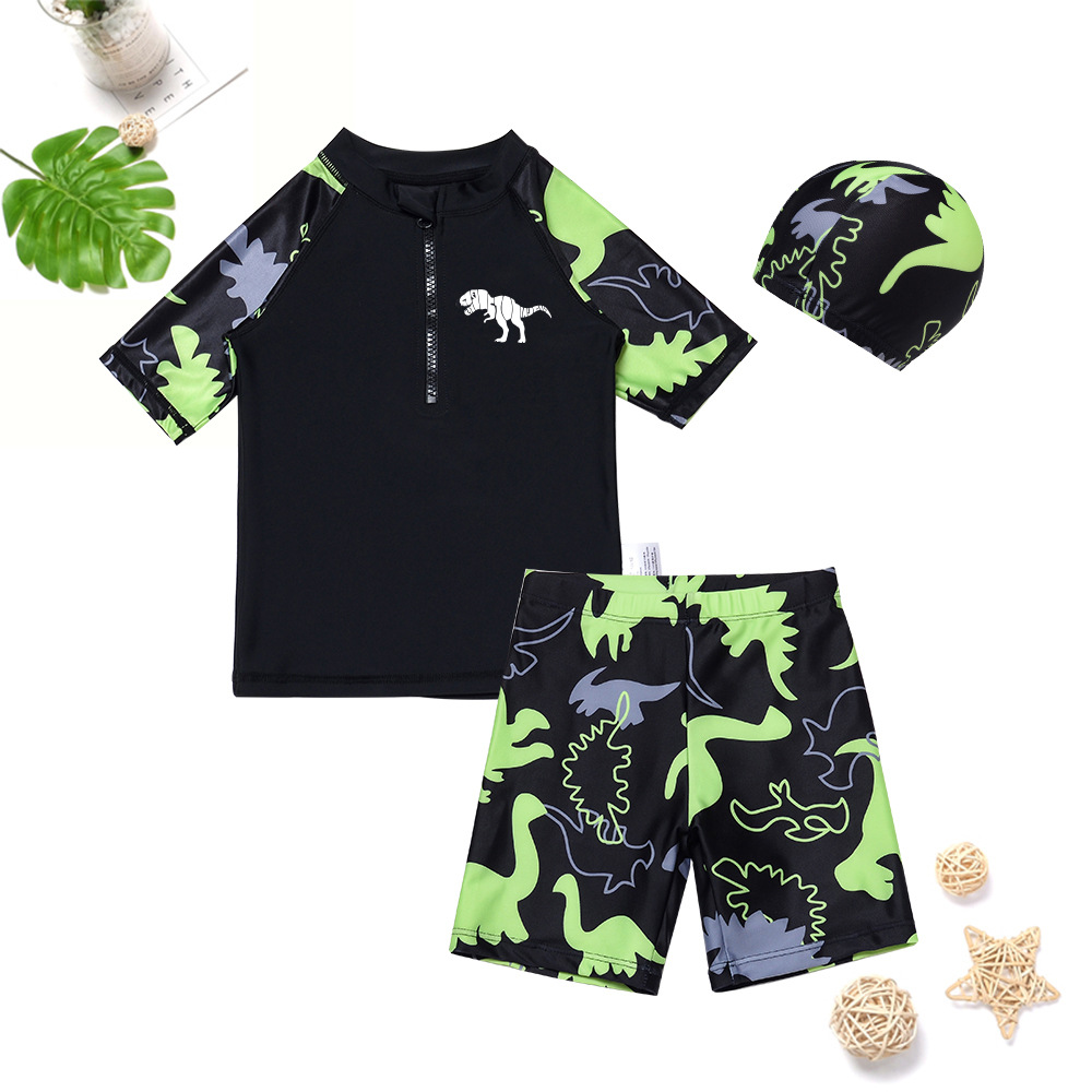 Boys' Dinosaur Swimsuit Split Short-Sleeved Shorts with Swimming Cap Sun Protection Quick-Drying Children's Swimming Cute Cartoon Suit