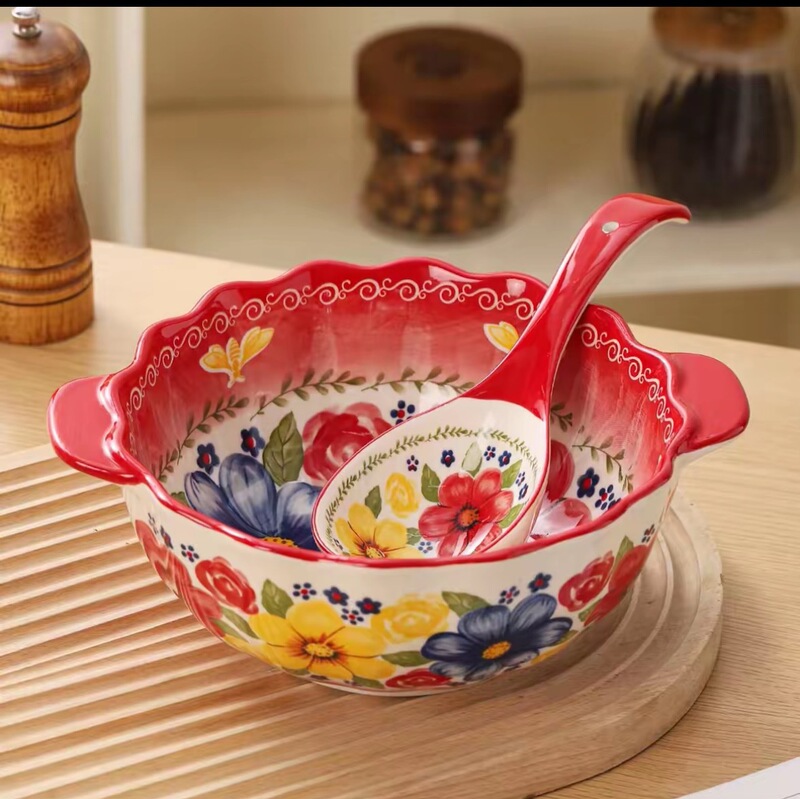 Honey Flower Fragrance 8inch Double Ear Soup Bowl Underglaze Color Tableware [Support Wholesale, Dropshipping]