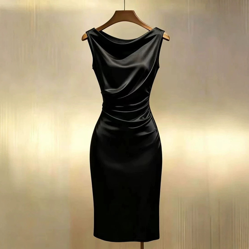 European and American style sleeveless black bodycon dress for women, with a twisted waist, pleated design, slimming and figure-flattering, solid color, tight-fitting European and American style sleeveless black bodycon dress for women, with a twisted waist, pleated design, slimming and figure-flattering, solid color, tight-fitting
