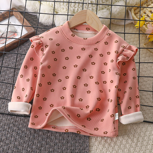 Girls autumn and winter floral bottoming shirt girls flying sleeves autumn T-shirt little girl versatile internet celebrity flying sleeves bottoming shirt