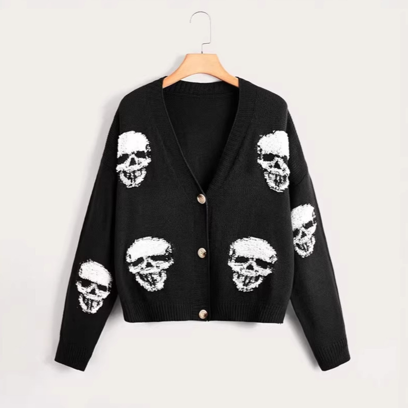 Black Skull Jacquard Sweater for Women, New Autumn and Winter Style, Dark Street Style Loose Shoulder-Drop Knitwear 069 Black Skull Jacquard Sweater for Women, New Autumn and Winter Style, Dark Street Style Loose Shoulder-Drop Knitwear 069