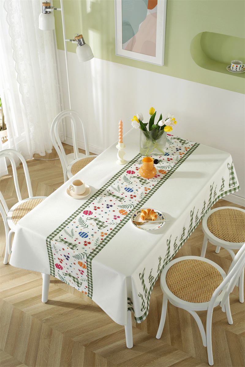 Tovaglia da caffè impermeabile in poliestere con stampa a quadri pasquali, coniglietti e fiori primaverili. Copertura per tavolo da pranzo_voghion.com