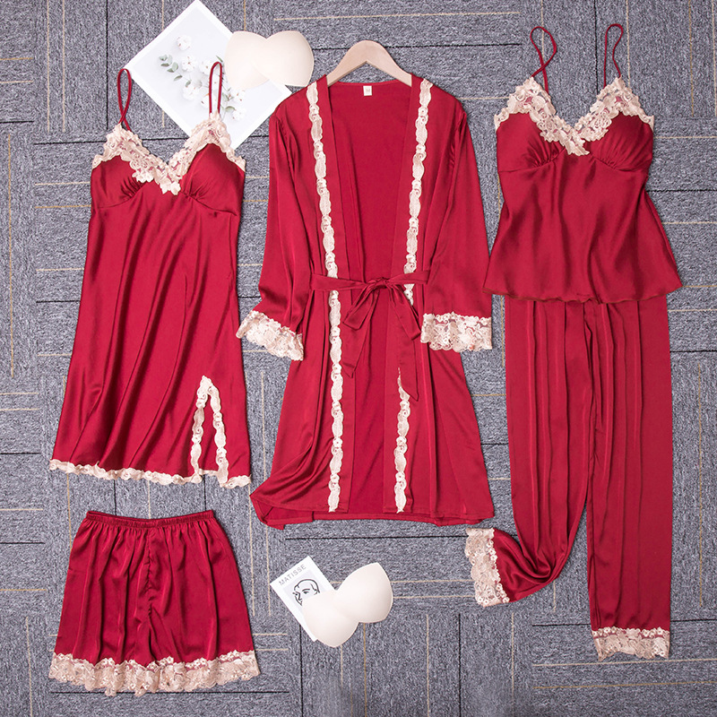 Yaoting-pijamas de gasa satinada para primavera y verano, conjunto de cinco piezas de seda helada, ropa de casa sexy informal y sencilla con almohadillas para el pecho