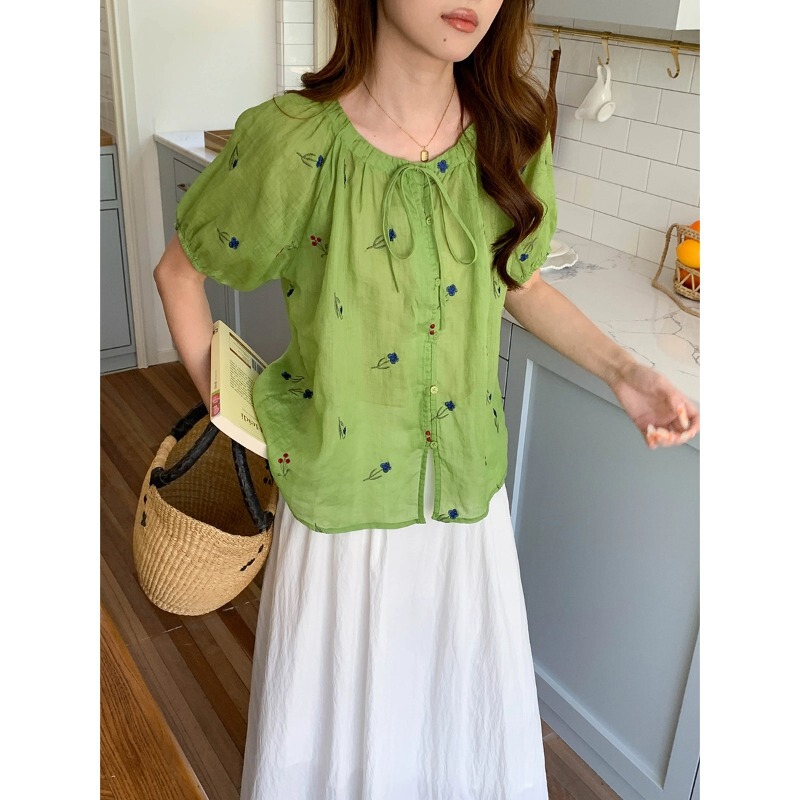 3Th Morning Dayumu Shanye 100% Ramie Embroidered Drawstring Short Sleeve Shirt Zy4216