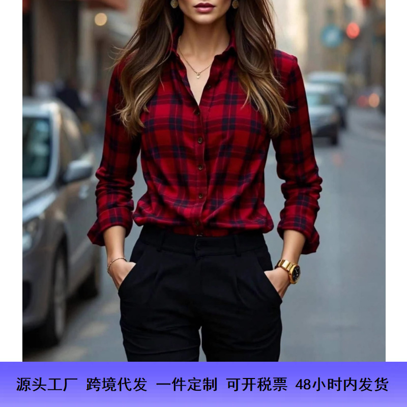 2026 Spring and Autumn New Women's Plaid Shirt Slim Fit Korean Style Long Sleeve Top Cross-Border Amazon Women's Clothing
