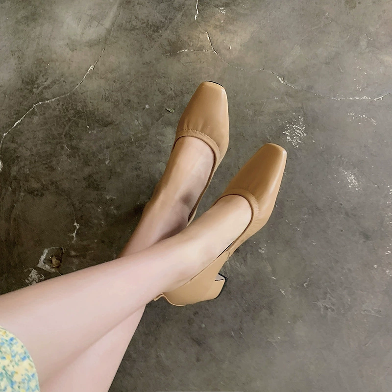 2024 Spring thick heels, single shoe sheepskin grandmother shoes inside and out of all -leather CAO soft French square high heels confidentiality