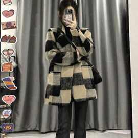 J5C复古格子毛呢外套女秋冬新款小香风宽松显瘦气质西装呢子大衣
