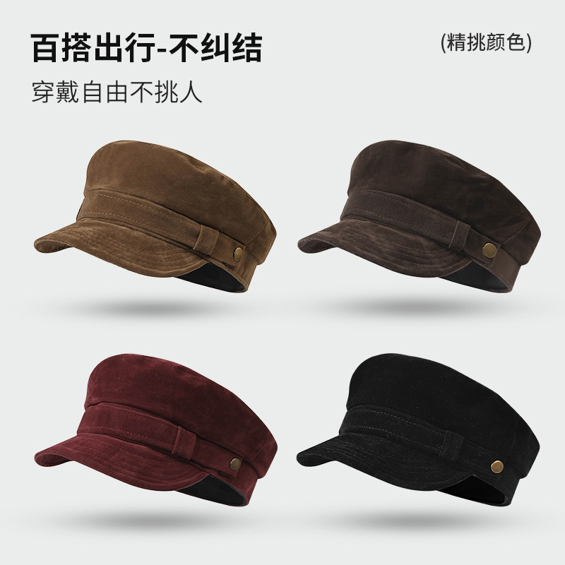 美拉德咖色麂皮绒海军帽女千金风复古八角帽英伦画家帽贝雷帽女|undefined