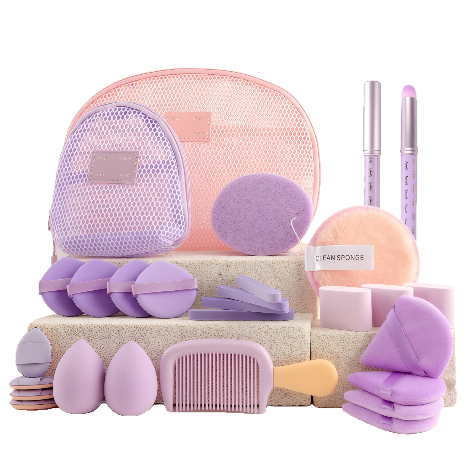 28 nuevos productos transfronterizos, dos bolsas de cosméticos de malla, brocha de maquillaje, maquillaje antes y después del maquillaje, combinación de herramientas de maquillaje