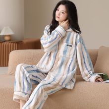 法兰绒睡衣女冬季加厚加绒家居服冬天学生保暖套装开衫休闲可外穿