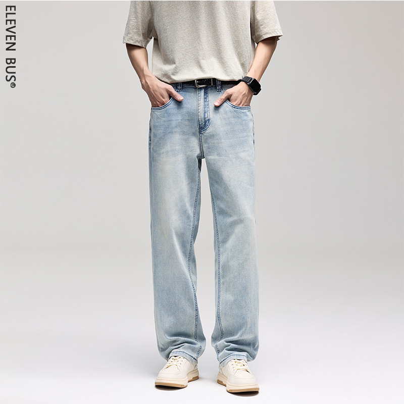 New High-End Lyocell Men's Loose Straight-Leg Jeans Trendy Brand Retro Versatile Thin Wide-Leg Jeans for Men