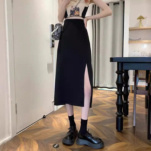 Women's Spring and Summer High-Waisted Skirt with Slits, A-Line and Buttock-Covering, Suitable for Petite Figures, Versatile and Stylish