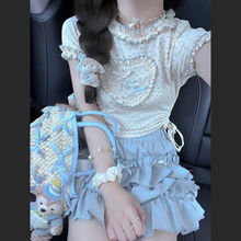 夏季日系软妹边抽绳上衣碎花短袖t恤蛋糕半身裙甜美两件套装