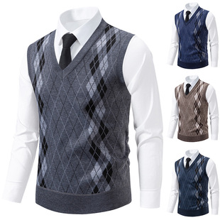 Middle-Aged Knitwear Vest Men's Inner Wear Autumn and Winter Warm Slim Knitwear Plaid Vest Jacket Dad Wear for Men