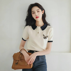 白い蝶polo襟正肩半袖tシャツ女性2025新夏小衆は独特の絶美上着にぶつからない