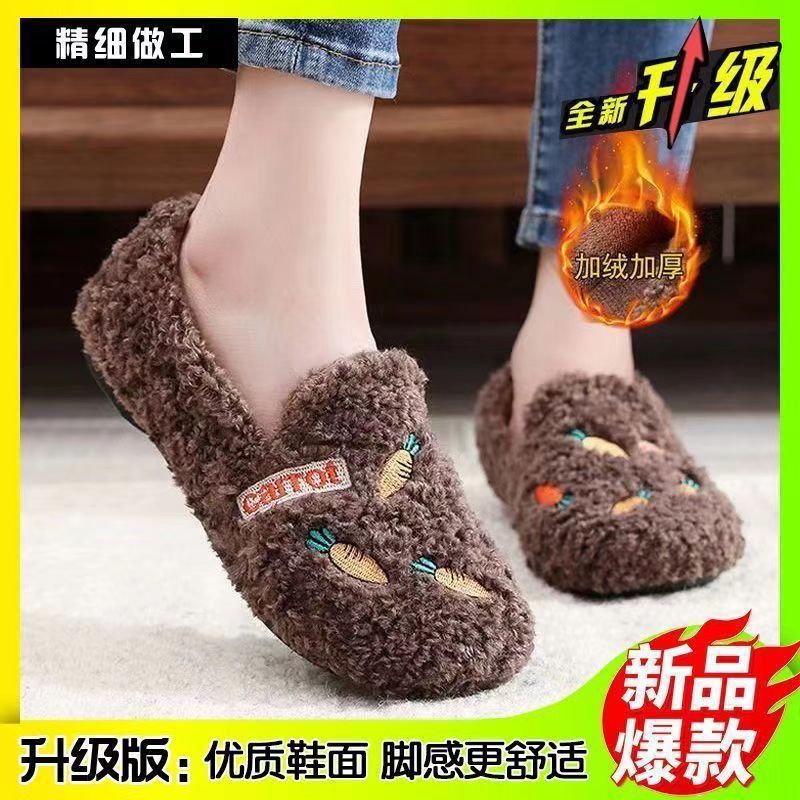 2025冬季加绒刺绣棉鞋新款保暖妈妈棉鞋平底防滑休闲时尚棉鞋代发