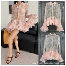 定小众设计款小翻领透视A摆不规则荷叶边蓬蓬裙摆蕾丝衬衣上衣