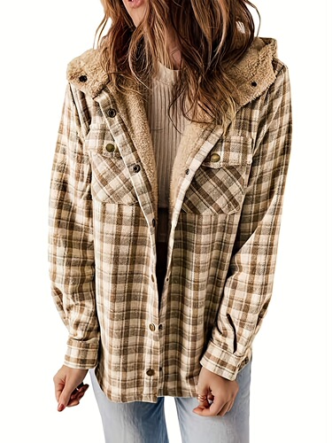 Women's Casual Plaid Hooded Jacket Cozy Flannel Retro