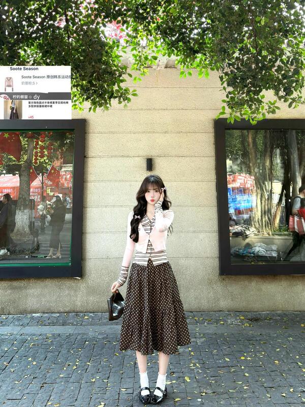 [in Stock] Japanese Retro Coffee-Colored Polka Dot Skirt for Women, Sweet Style, Artistic High-Waisted A-Line Versatile Mid-Length Skirt