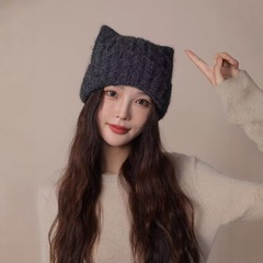 猫耳朵可爱毛线帽女秋冬百搭保暖大头围包头护耳针织帽显脸小冷帽