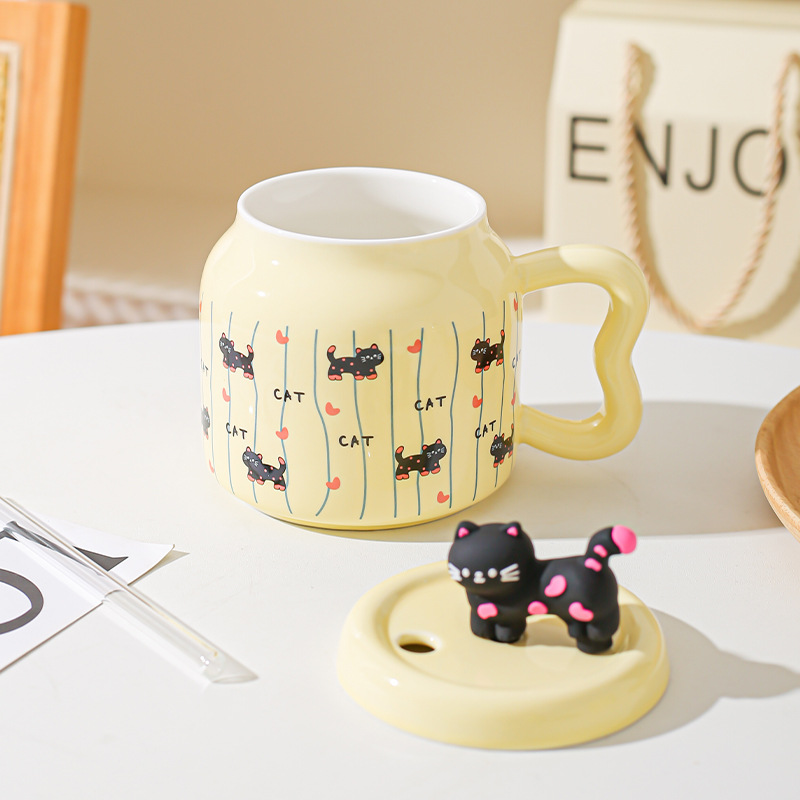 Taza de paja de dibujos animados de gato lindo suave Taza de oficina de alto valor con tapa Taza de pareja casera Taza de desayuno