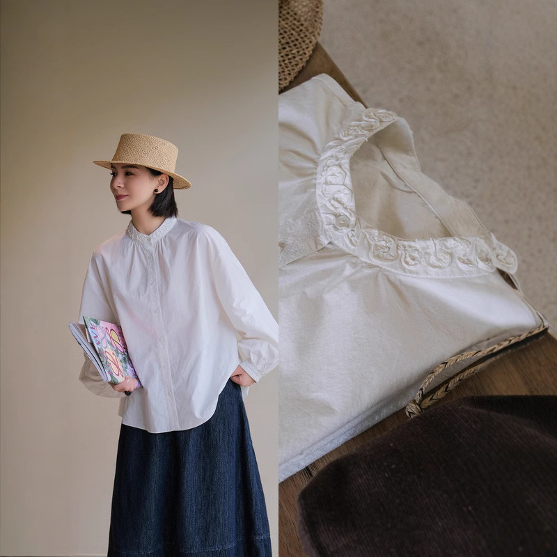 Heavy Craft Mulberry Silk Cotton Three-Dimensional Ribbon Embroidery Dense Needlework Lantern Sleeve Loose A-Line Shirt