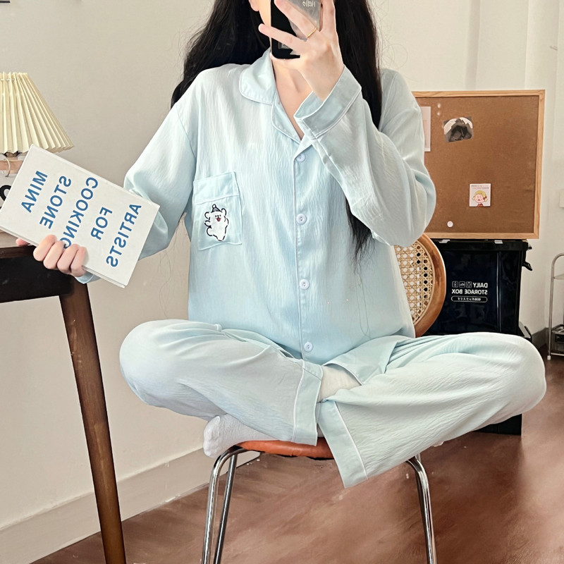 跨境直播睡衣女春秋云朵棉翻领开衫长袖长裤卡通甜美家居服女套装|undefined
