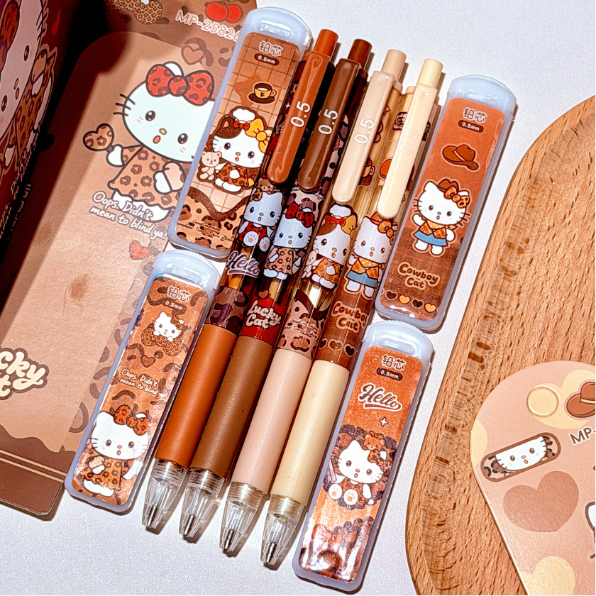 Nuevos productos de impresión de leopardo gatito juego de lápiz de dibujos animados de alto valor de cara lápiz automático de 0.5m lápiz + cartucho combinación