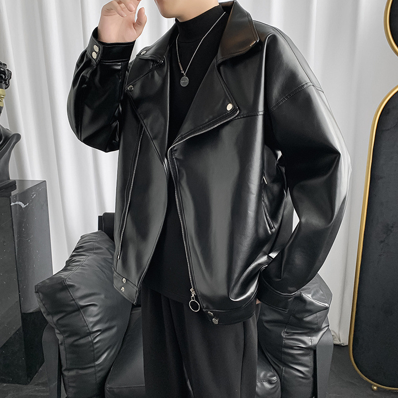Vintage Motorcycle Leather Jacket for Men, Autumn Style with Diagonal Zipper, Large Lapel, Short Bomber Leather Jacket for Men, One Piece Dropshipping