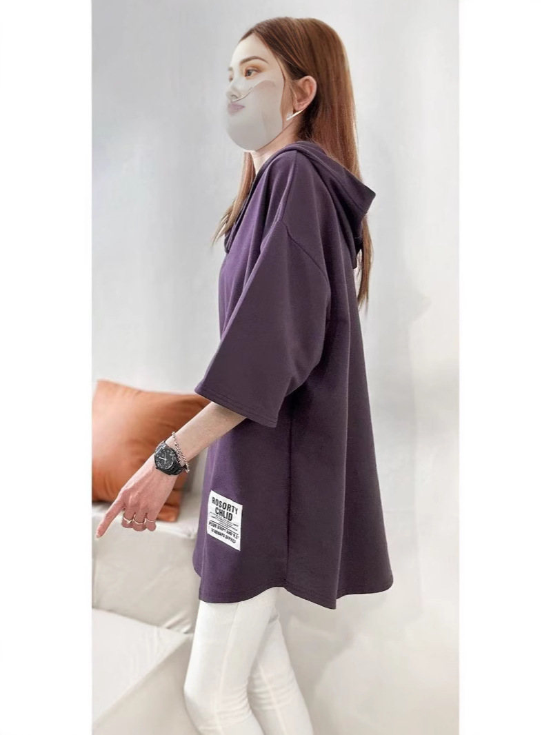 Small Fish Scale Plus Size Women's Top with Label Hooded Hem Asymmetrical T-Shirt 2025 Summer New Loose Fat mm