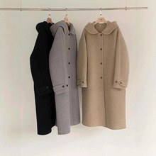 现H 韩国egg同款2025冬季氛围感双面羊绒连帽大衣女宽松百搭长款