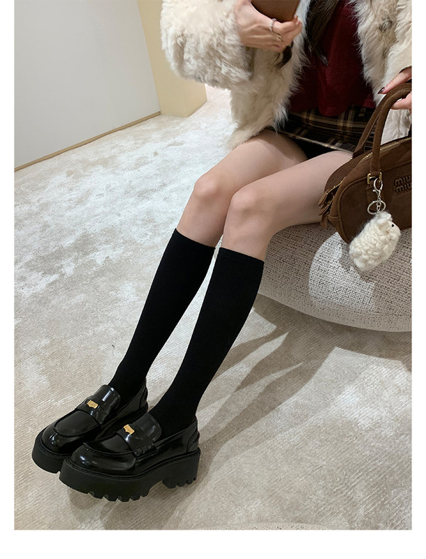 羊皮贵气小金币圆头小皮鞋粗跟厚底单鞋一脚蹬真皮配裙子乐福鞋女|undefined