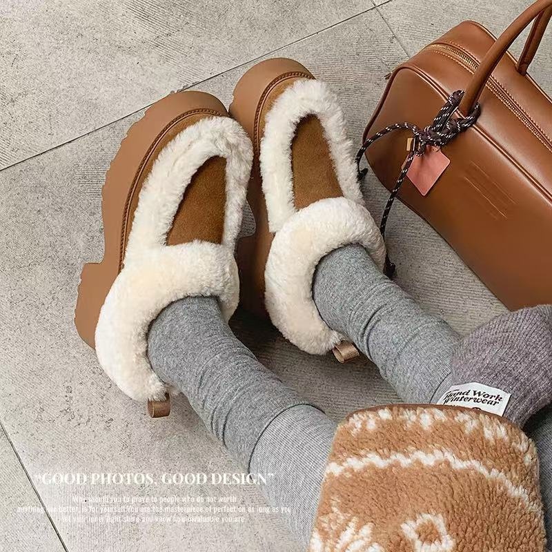 Boot tuyết nữ da cừu một mảnh gót cao lót lông dày giữ ấm — màu nâu