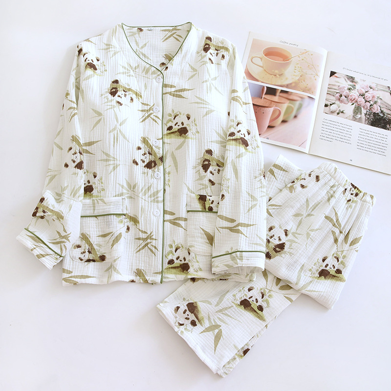 가슴 패드가 달린 잠옷 여성의 V-NECK 면 더블 레이어 면 원사 긴 소매 바지 얇은 2 피스 홈 옷 봄과 여름