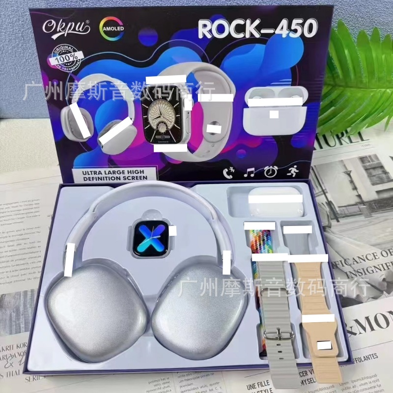 跨境新款R0CK450-460智能手表双耳机4表带套装华强北智能手表S10