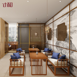 J8 Cafe Catering Tea House Hotel Bar Sofa Solid Wood Booth Wrought Iron Tea House New Chinese Style Table and Chairs G3