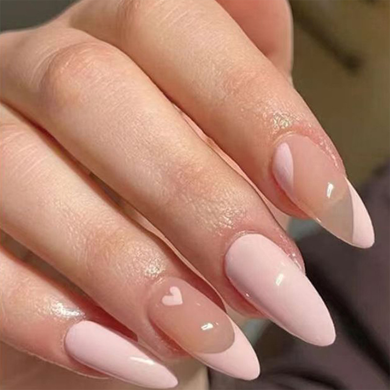 French pink love wearable fake nail pink beveled striped nail patch removable finished nail piece
