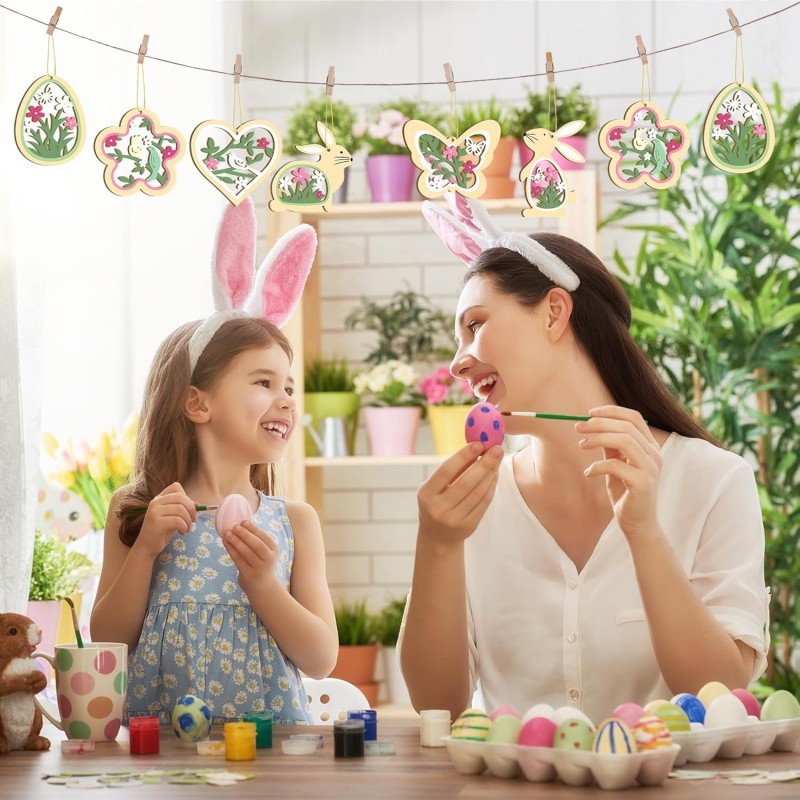 24 Pcs Hanging Decor Set Spring Decorative Pendant Wooden Easter Decorations Rabbit Easter Wood