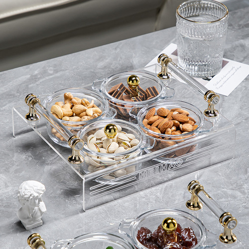 ins light luxury glass dried fruit dish round compartment tray cake fruit snack snack plate European style platter with lid