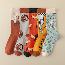 秋冬新款袜子卡通骏马撞色复古潮流百搭趣味透气中筒女袜现货批发