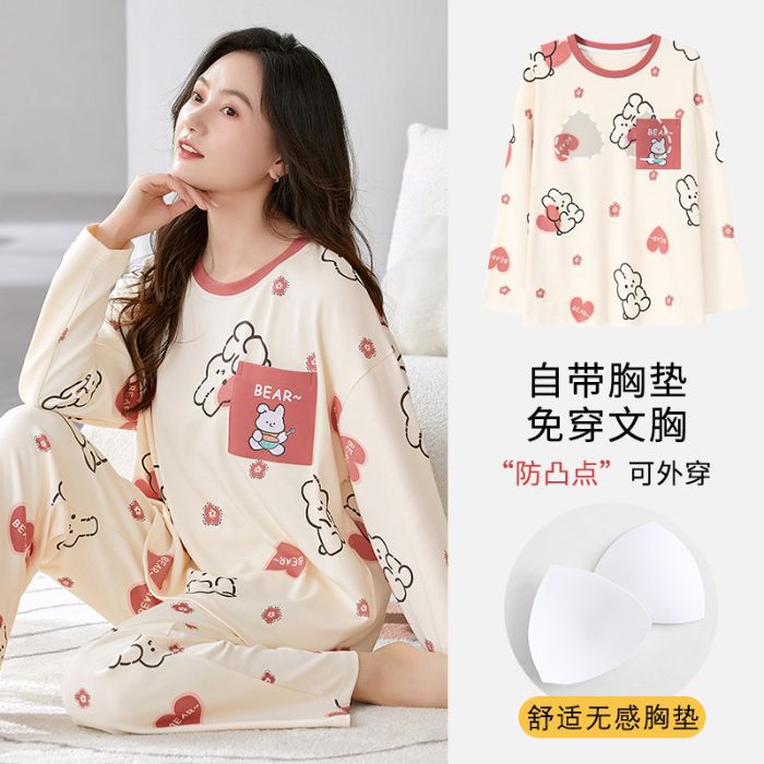 Al por mayor transfronterizo otoño y invierno con cojín de pecho pijama damas pull-frame de dibujos animados de algodón chaqueta manga larga pantalones largos set de ropa para el hogar