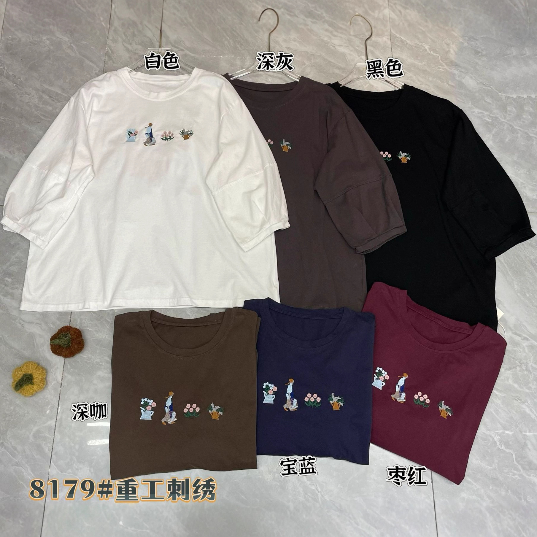 yl8179宽松圆领重工刺绣纯棉套头T恤2025新款遮肉显瘦内搭女装