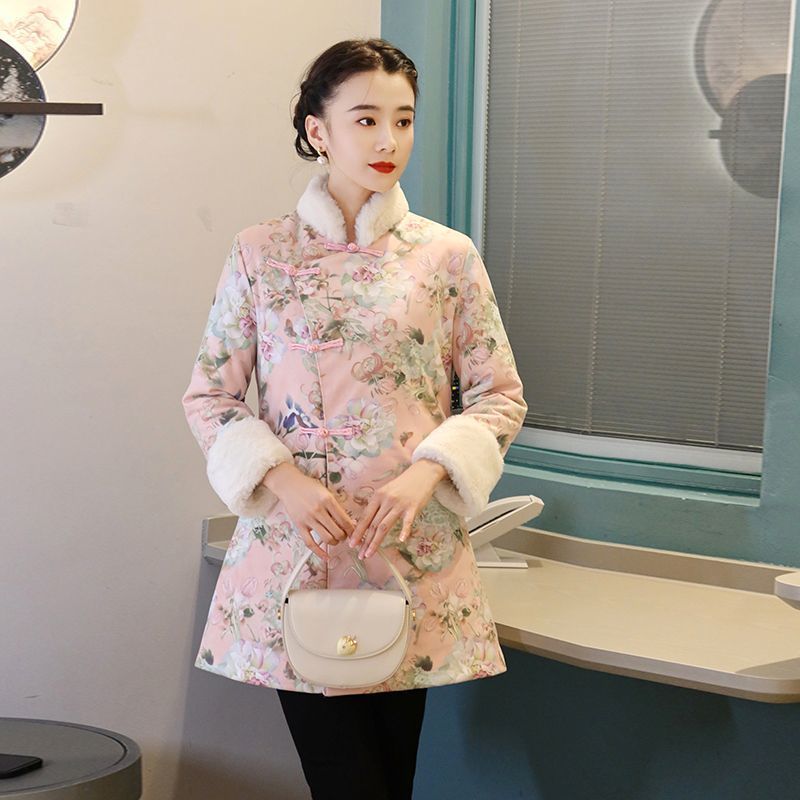 唐装秋冬新款洋气民族风棉袄长袖旗袍拜年服女成人民族风冬装盘扣