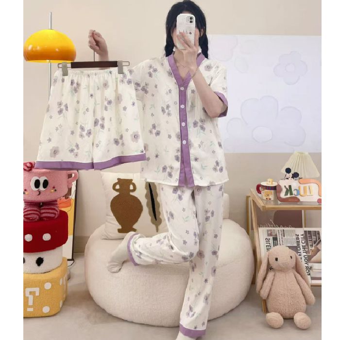 Pijamas de algodón de nube de amor dulce a cuadros de dopamina para mujer verano nuevo estilo pantalones de manga corta ropa a domicilio traje de tres piezas