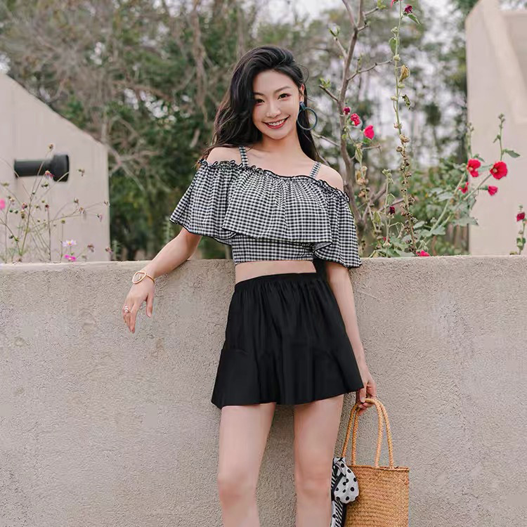 New summer ruffled strap off-shoulder swimsuit sexy small chest conservative strap high waist skirt split swimsuit